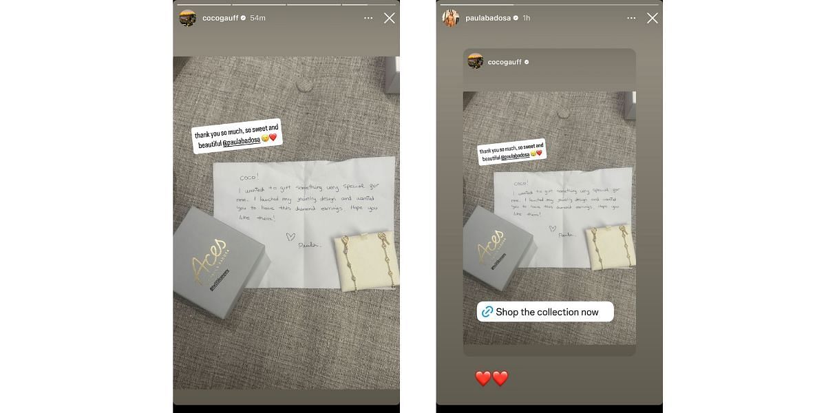 Coco Gauff and Paula Badosa's Instagram stories